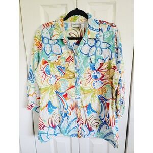 Chico's 2 Linen Blend Floral Bright Colors Shirt‎  Button Up 3/4 Slv Pockets
